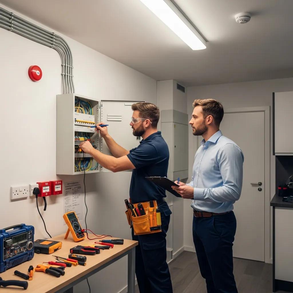 Landlord inspecting electrical systems for compliance and safety in a rental property