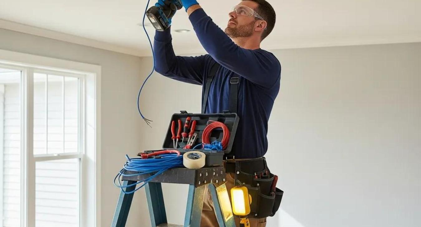 Professional electrician installing lighting fixtures in a modern home